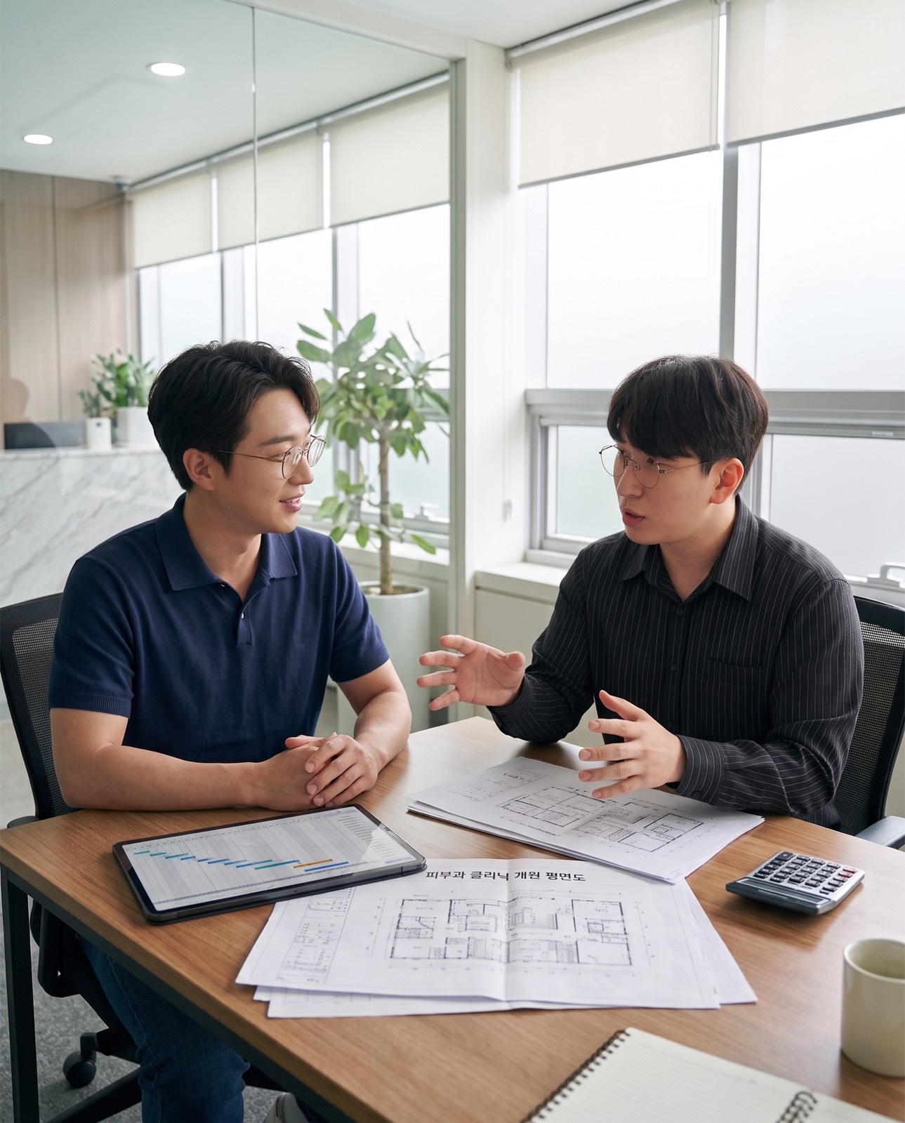 개원 컨설팅 1:1 미팅 — 도면을 펼쳐 두고 원장님과 논의하는 부스트리 대표