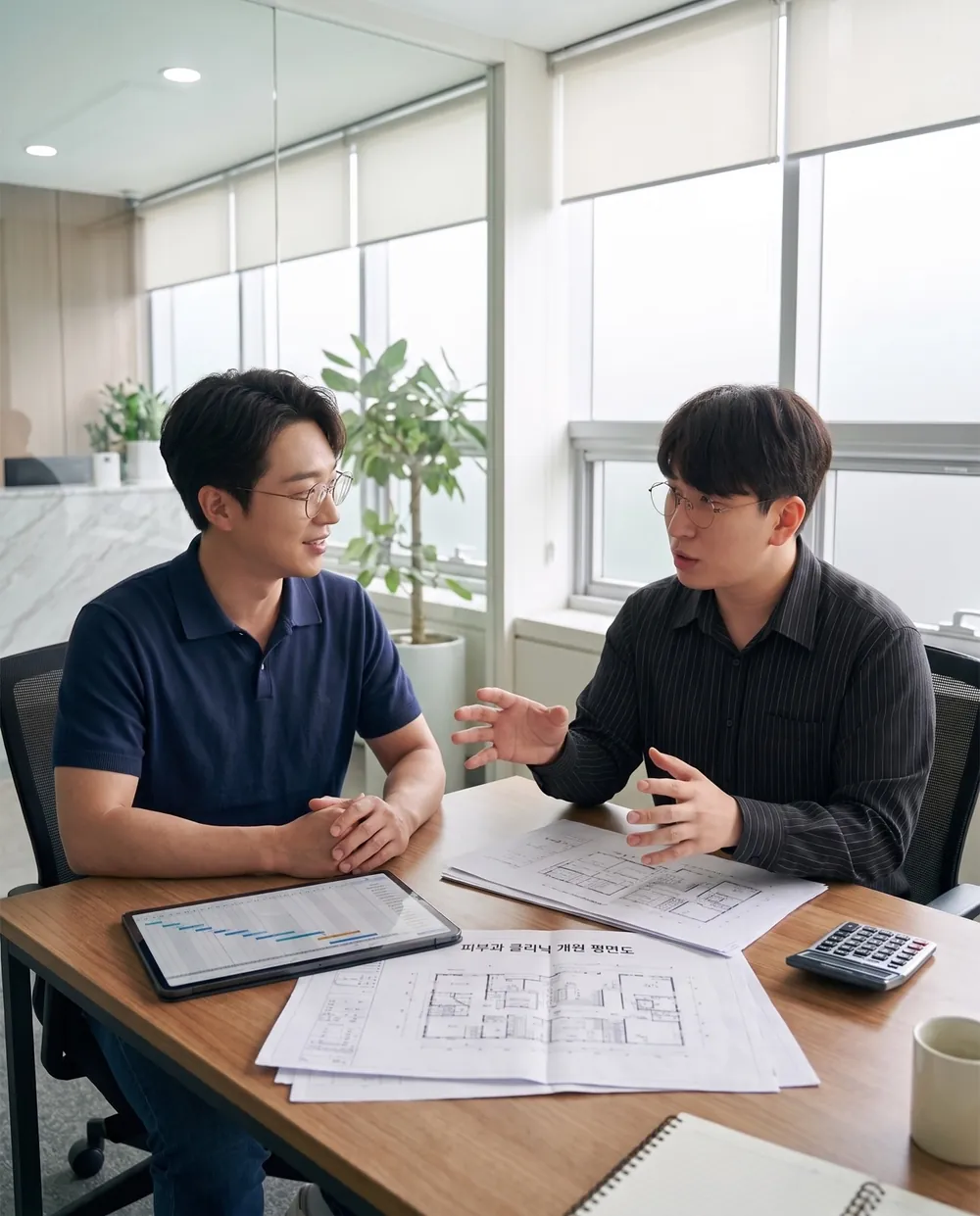 การประชุมที่ปรึกษาการเปิดคลินิกแบบ 1:1 — CEO ของ Boostree ตรวจดูแบบแปลนร่วมกับแพทย์