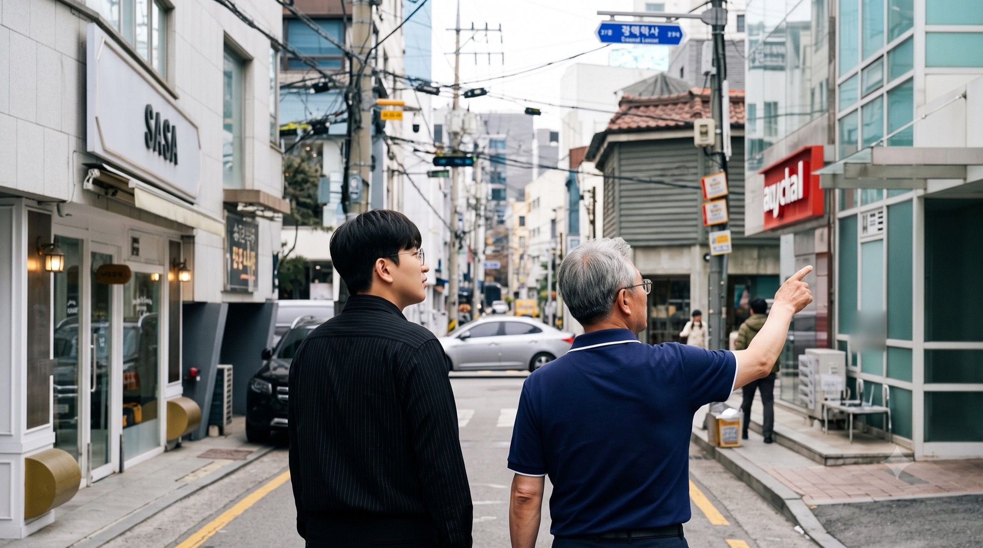후보지 상권 답사 — 거리에서 건물과 유동을 함께 살피는 두 사람의 뒷모습