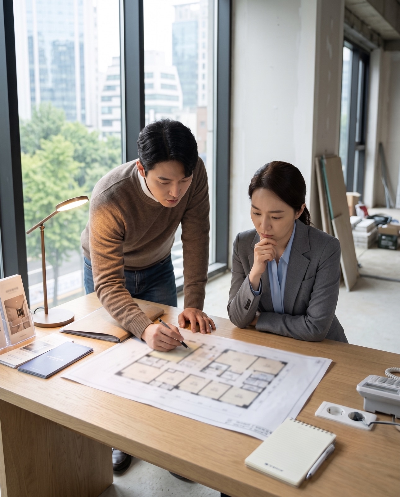 공사 중인 공간에서 도면을 검토하는 원장과 부스트리 담당자