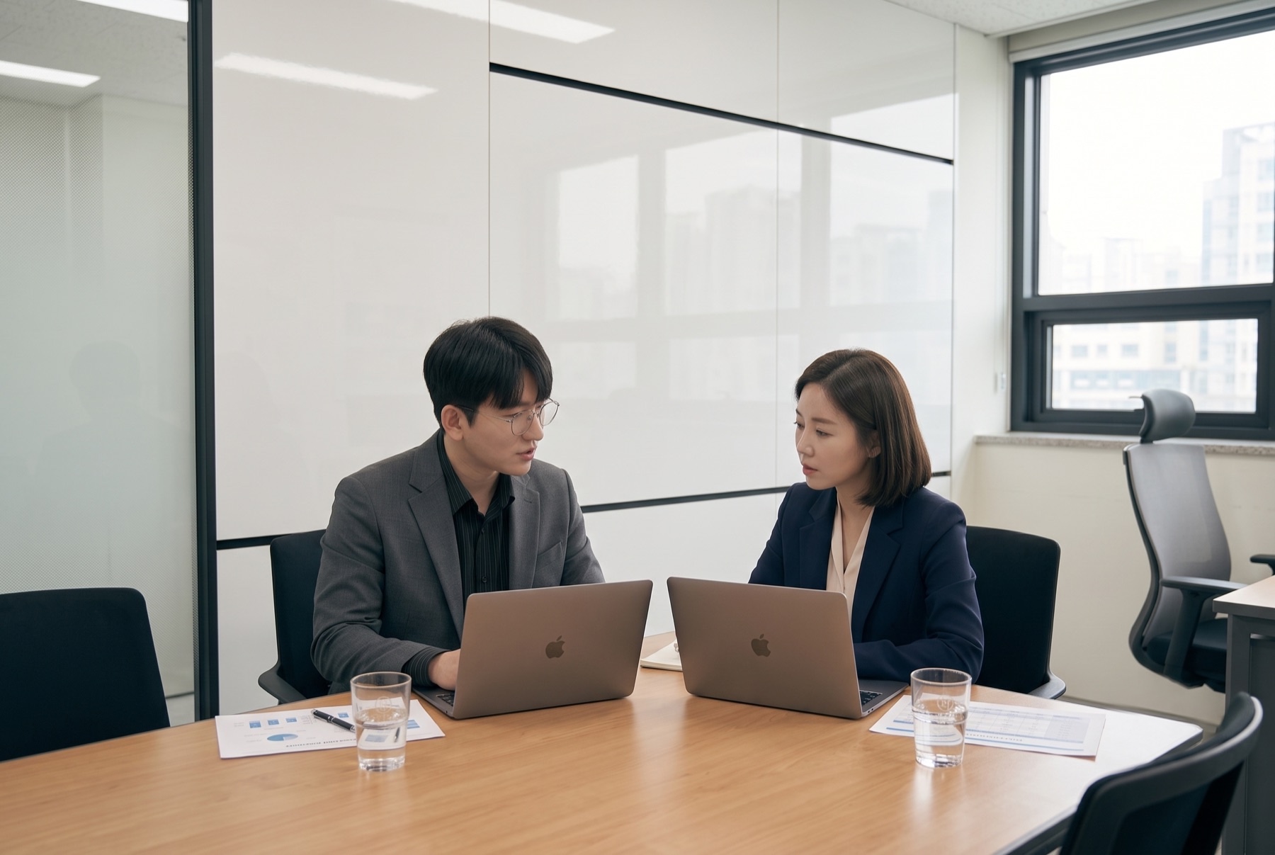 파트너 병원 운영 회의 — 노트북을 사이에 두고 논의하는 부스트리 담당자와 원장