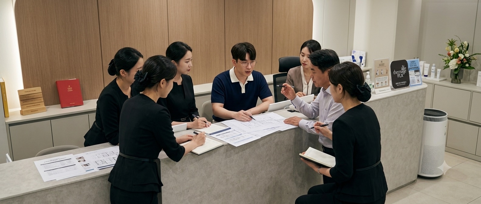 파트너 병원 데스크에 모여 운영 자료를 함께 확인하는 부스트리 팀과 병원 직원들